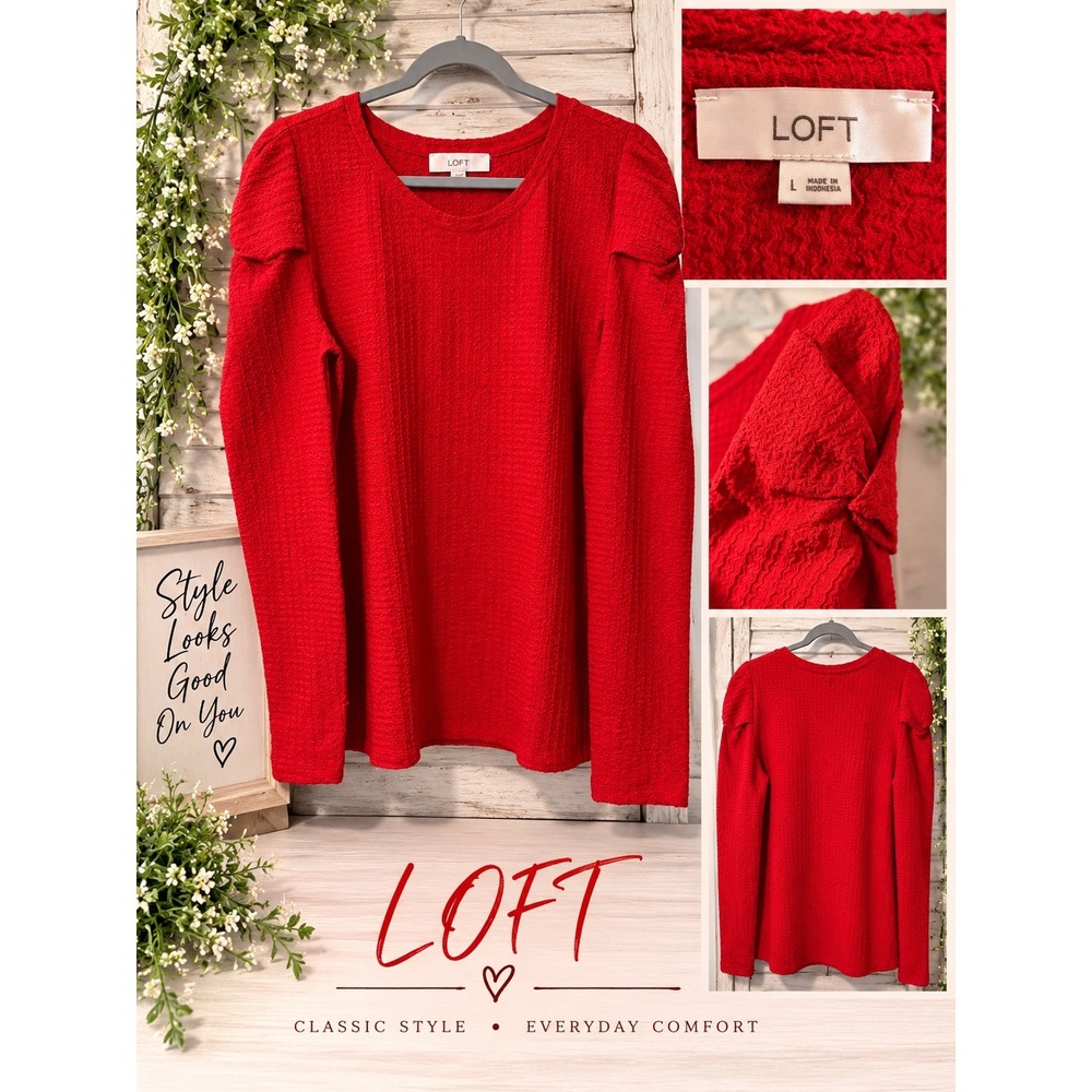 Loft Red Textured Puff Shoulder Long Sleeve Top Crew Neck Blouse Large
